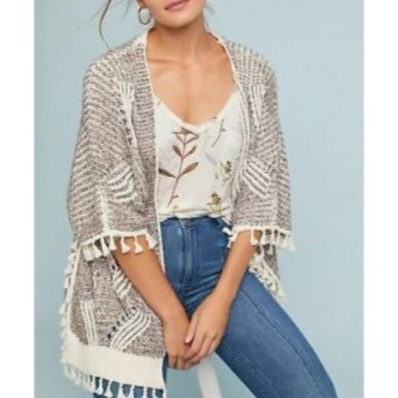 Anthropologie One Size Boho Kimono Open Front Cardigan Fringe Trim Patterned - Picture 7 of 13